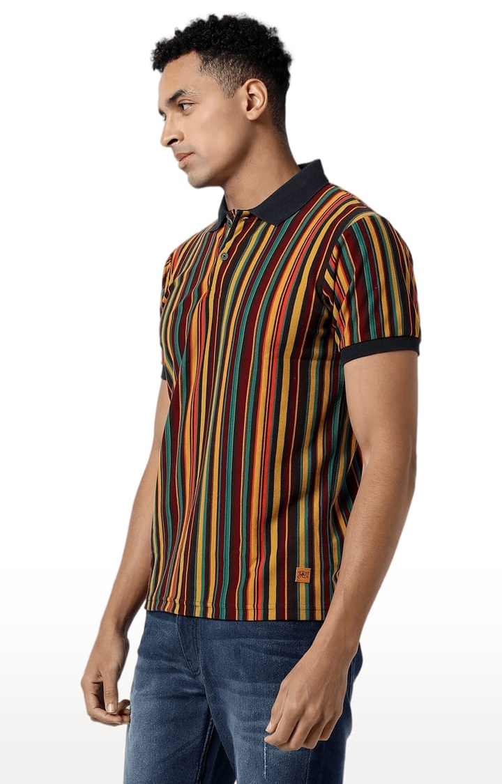 Men's Multicolour Cotton Striped Polo T-Shirt