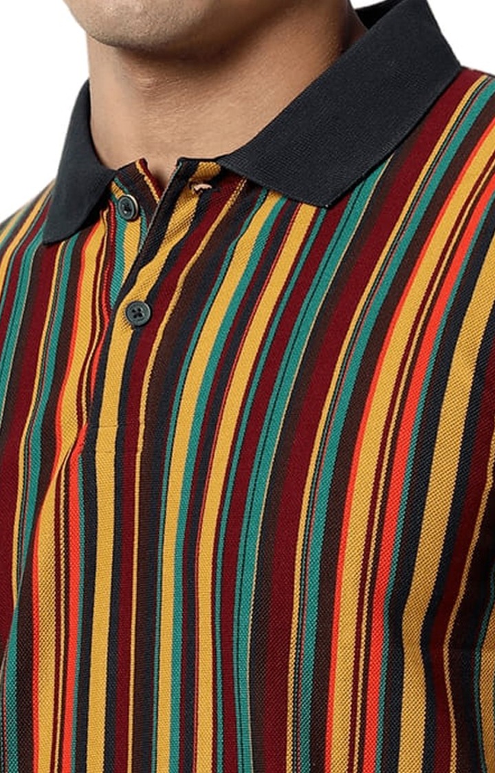 Men's Multicolour Cotton Striped Polo T-Shirt