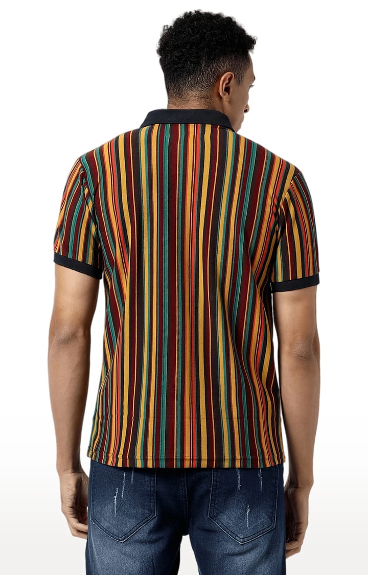 Men's Multicolour Cotton Striped Polo T-Shirt