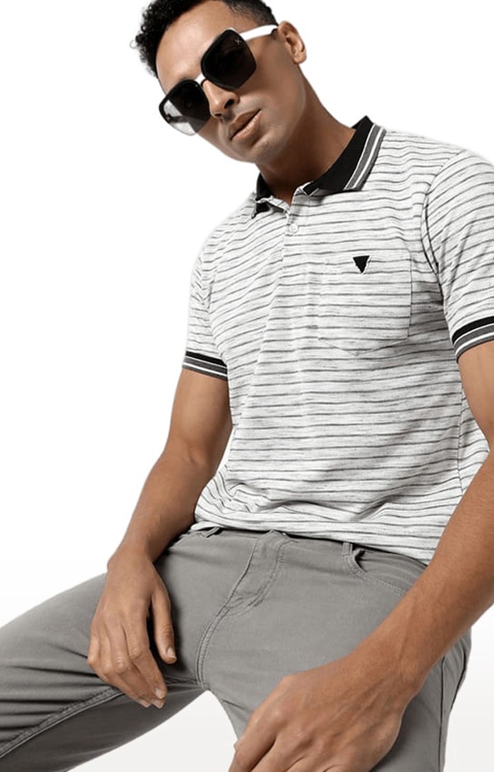 Men's Grey Cotton Striped Polo T-Shirt