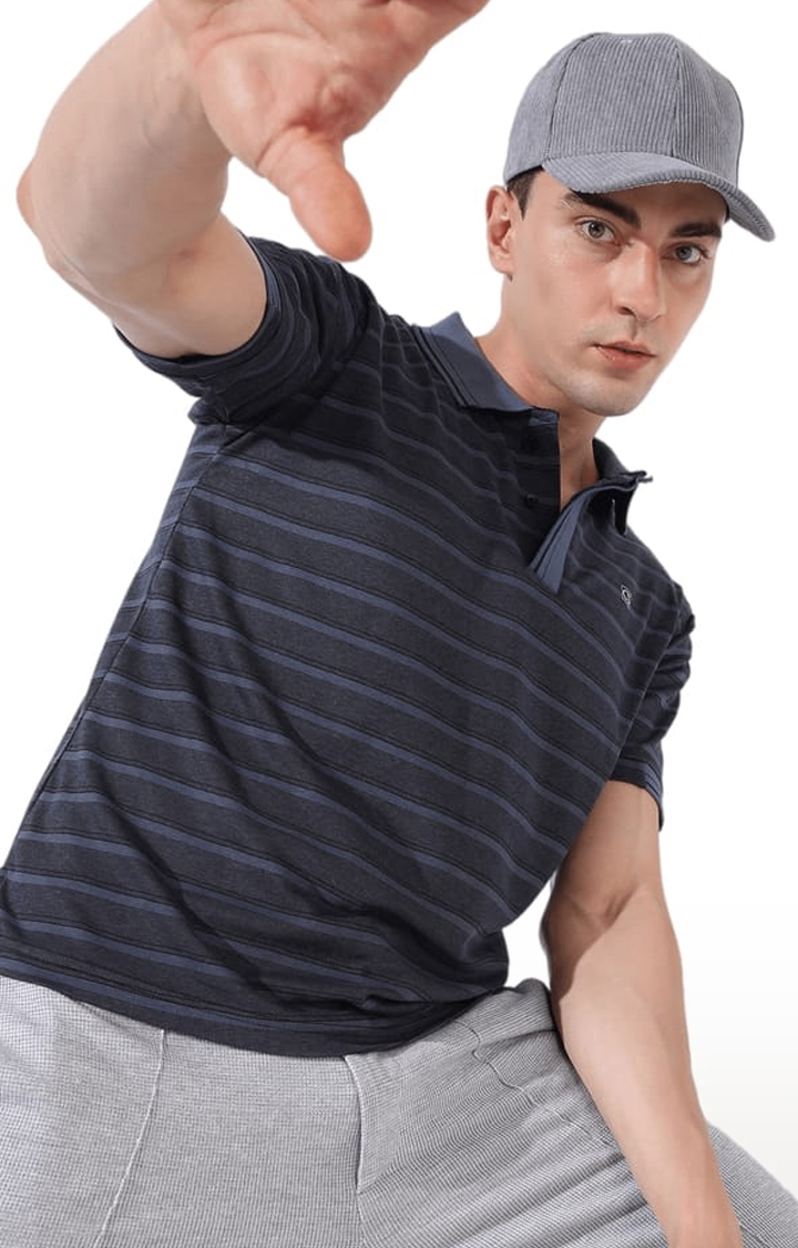 Men's Grey Cotton Striped Polo T-Shirt
