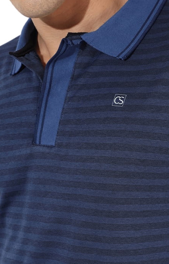 Men's Blue Cotton Striped Polo T-Shirt