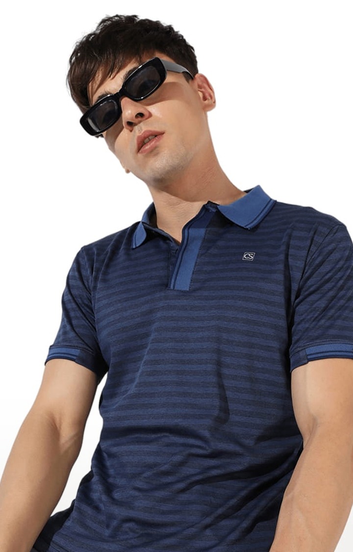 Men's Blue Cotton Striped Polo T-Shirt