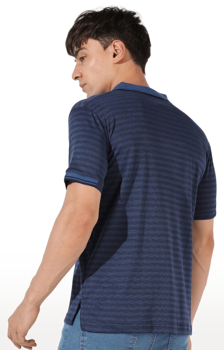 Men's Blue Cotton Striped Polo T-Shirt