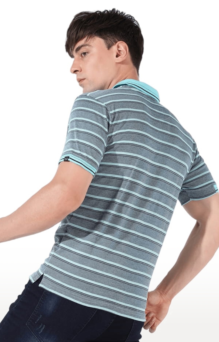Men's Blue Cotton Striped Polo T-Shirt