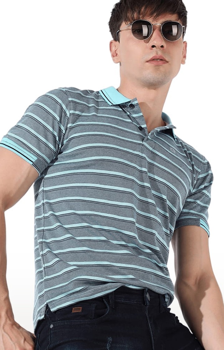 Men's Blue Cotton Striped Polo T-Shirt