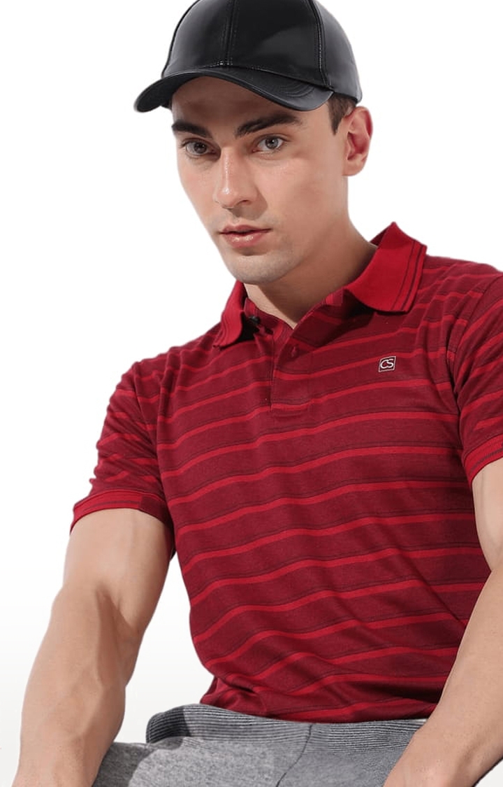 Men's Red Polycotton Striped Polo T-Shirt