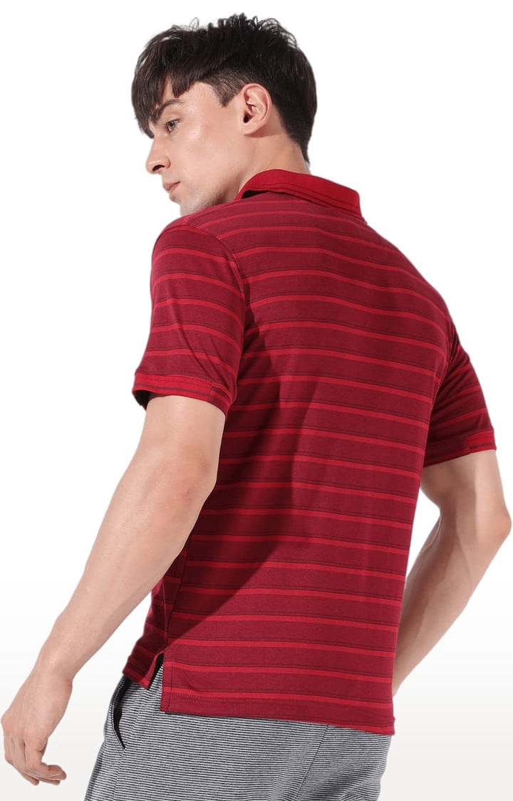 Men's Red Polycotton Striped Polo T-Shirt