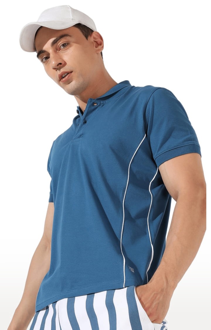 Men's Blue Cotton Solid Polo T-Shirt