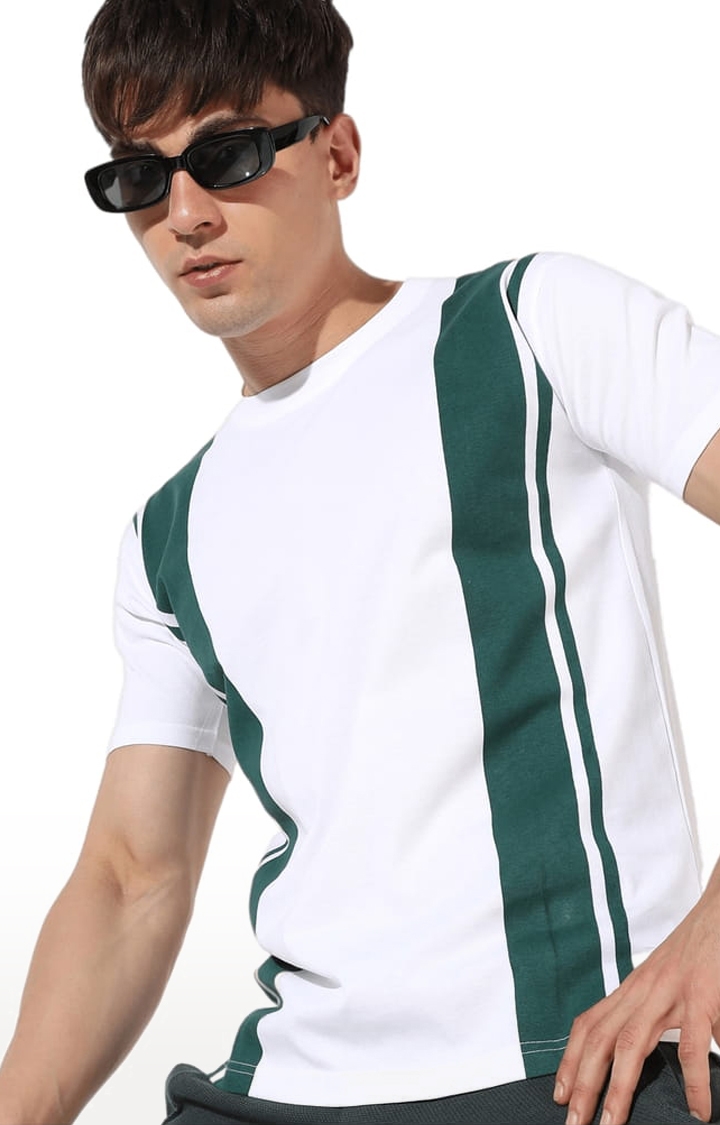 Men's White Cotton Colourblock Regular T-Shirt