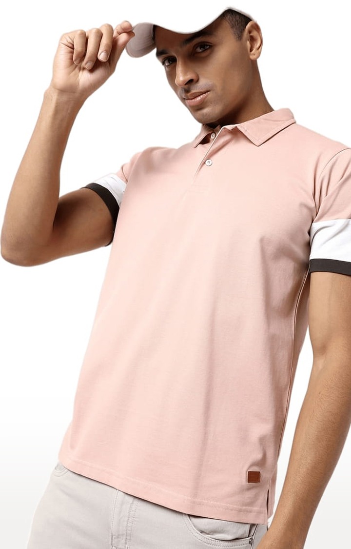 Men's Peach Cotton Solid Polo T-Shirt