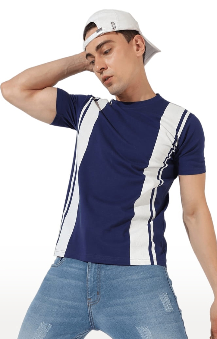 Men's Blue Cotton Colourblock Regular T-Shirt