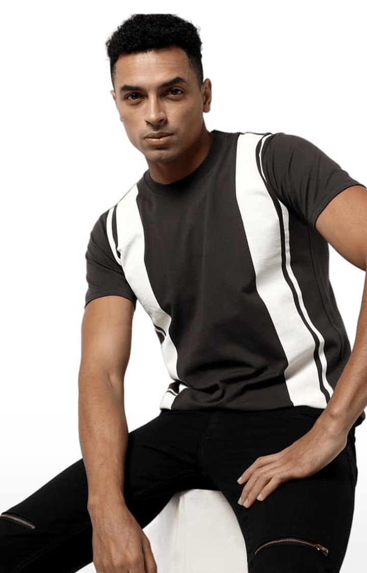 Men's Grey Striped Regular T-Shirts