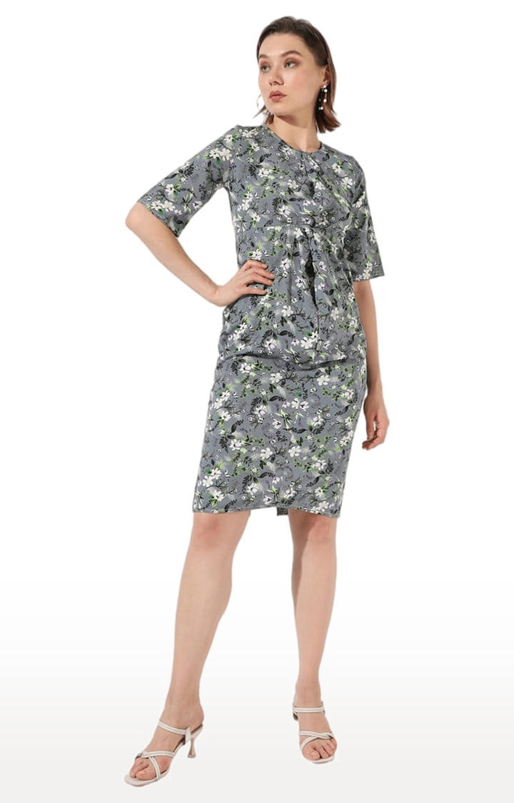 Women's Grey Polyester Floral Print Sheath Dress