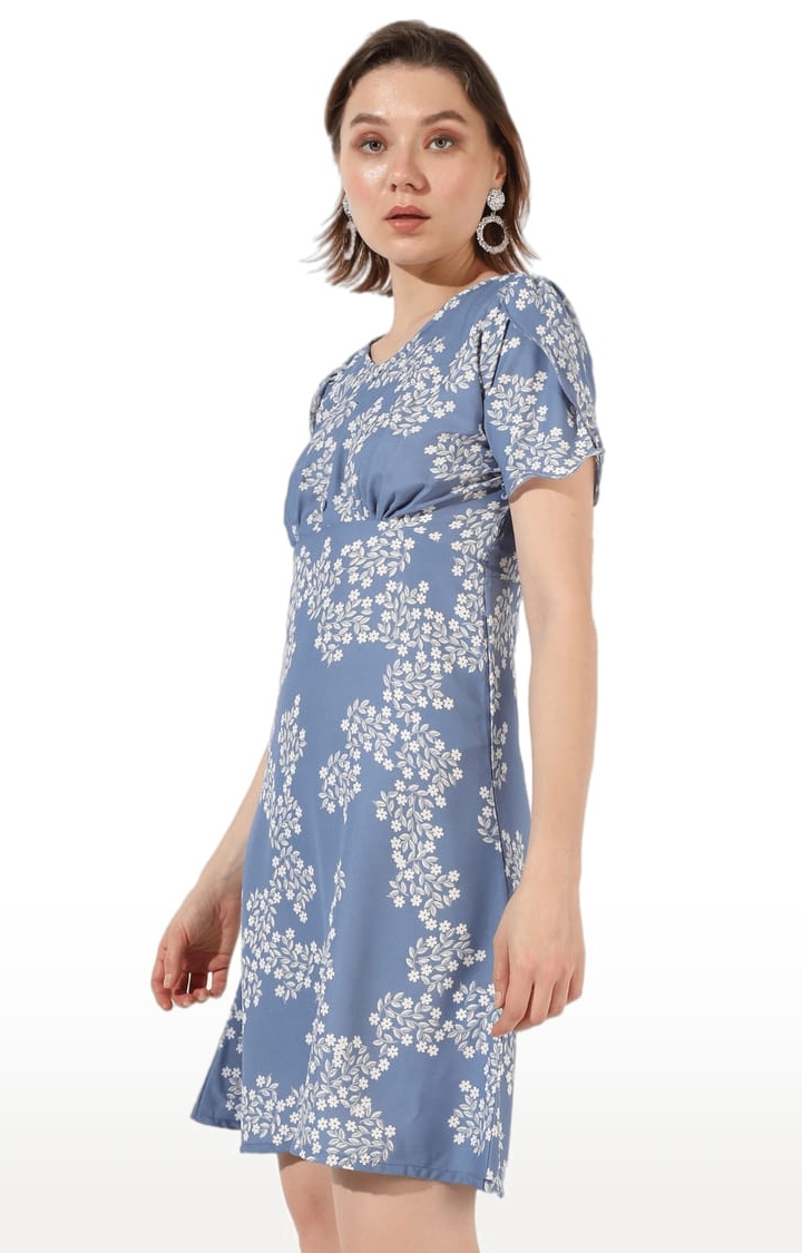 Women's Blue Polyester Floral Print Sheath Dress