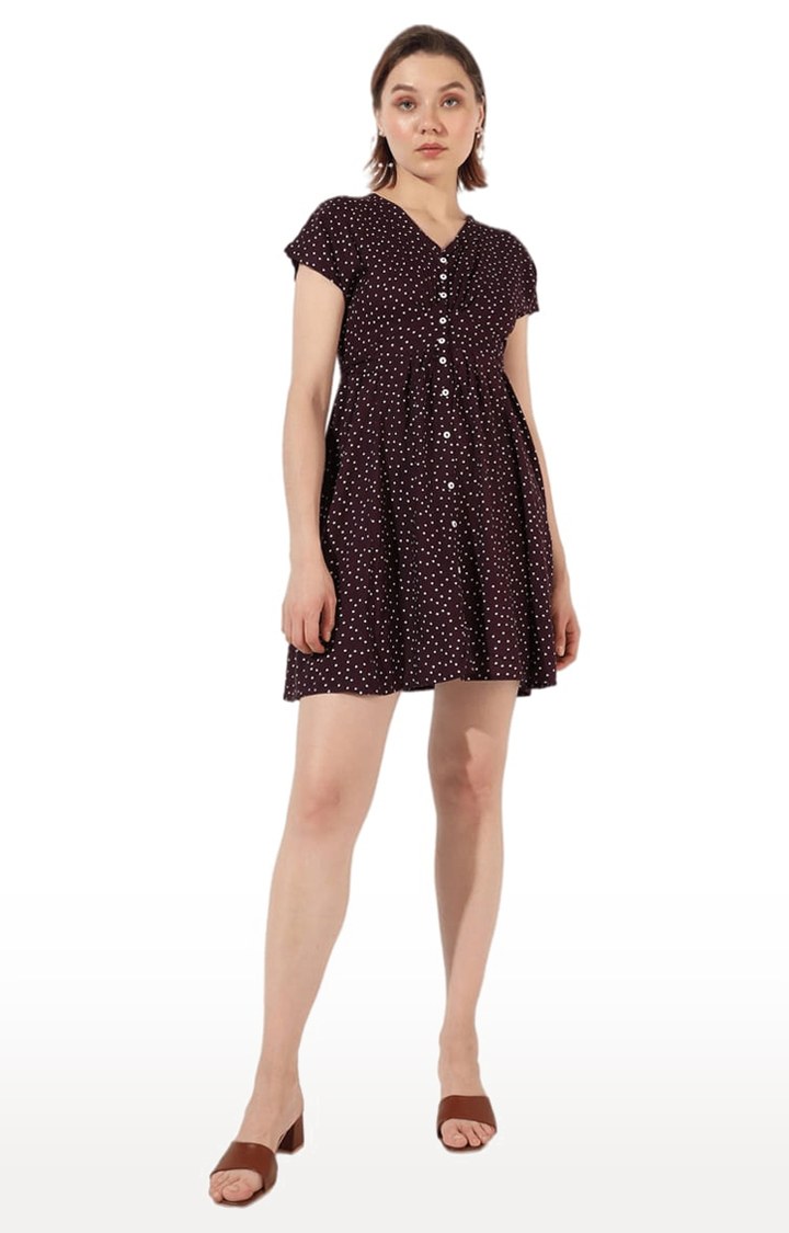 Women's Maroon Polyester Printed Shift Dress