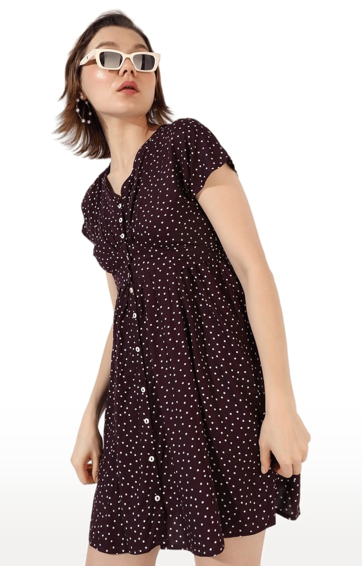 Women's Maroon Polyester Printed Shift Dress