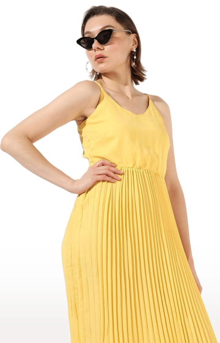 Women's Yellow Crepe Solid Fit & Flare Dress