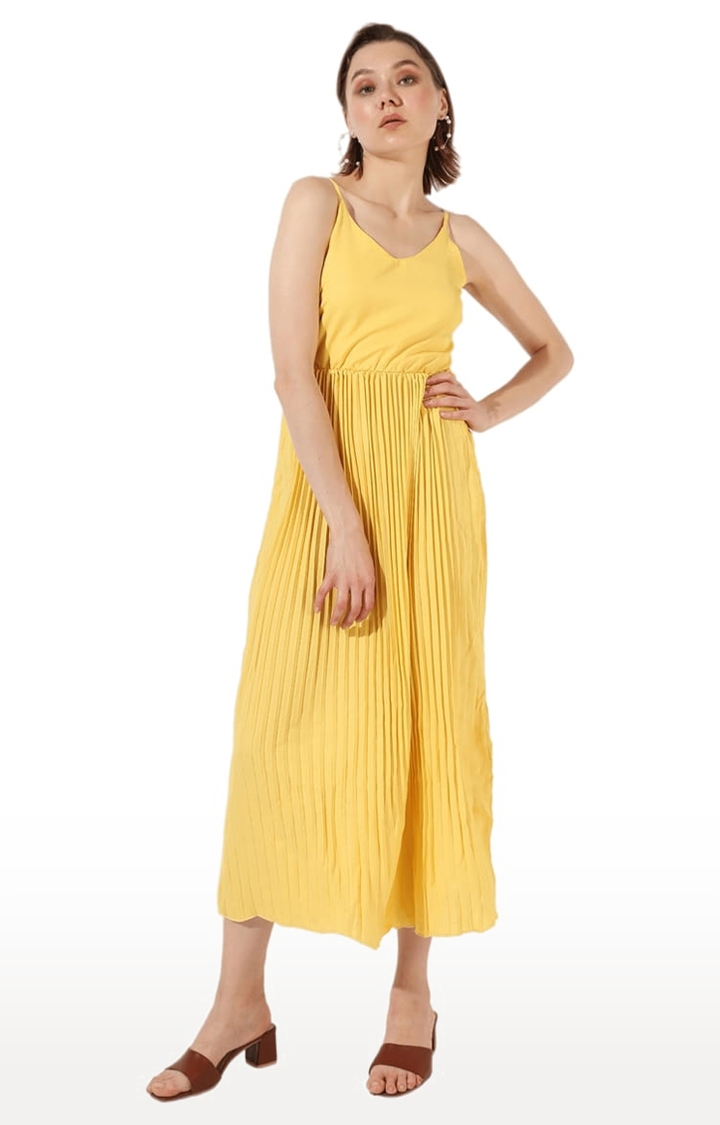 Women's Yellow Crepe Solid Fit & Flare Dress