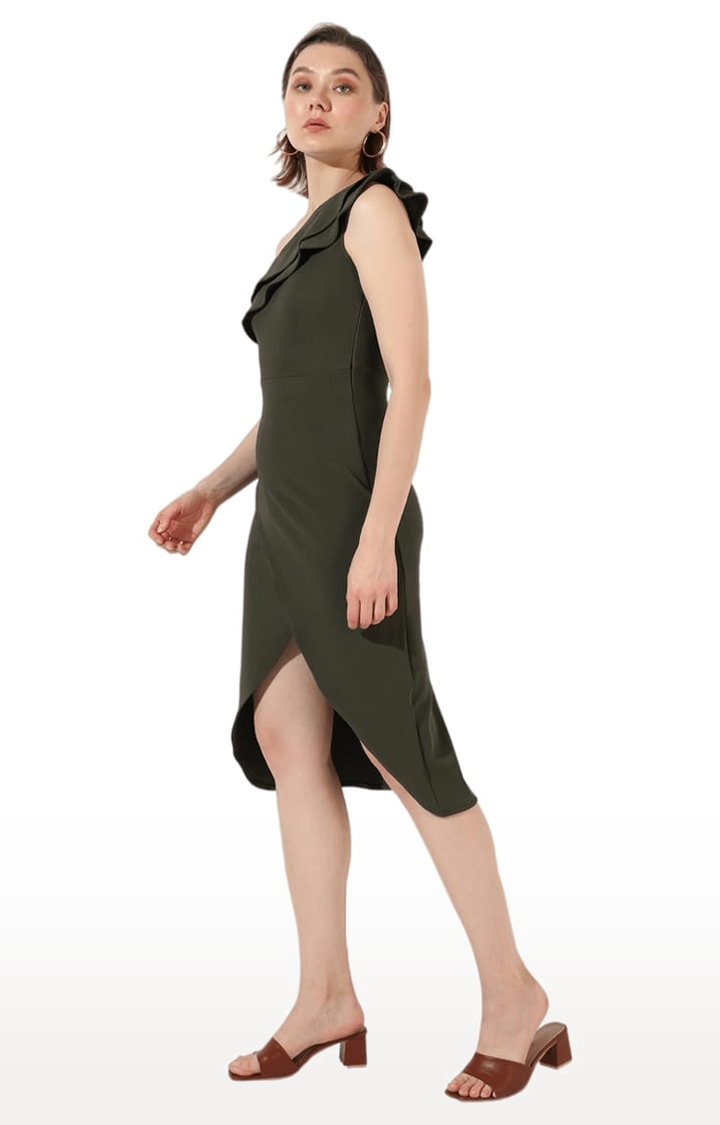 Women's Green Polyester Solid Asymmetric Dress