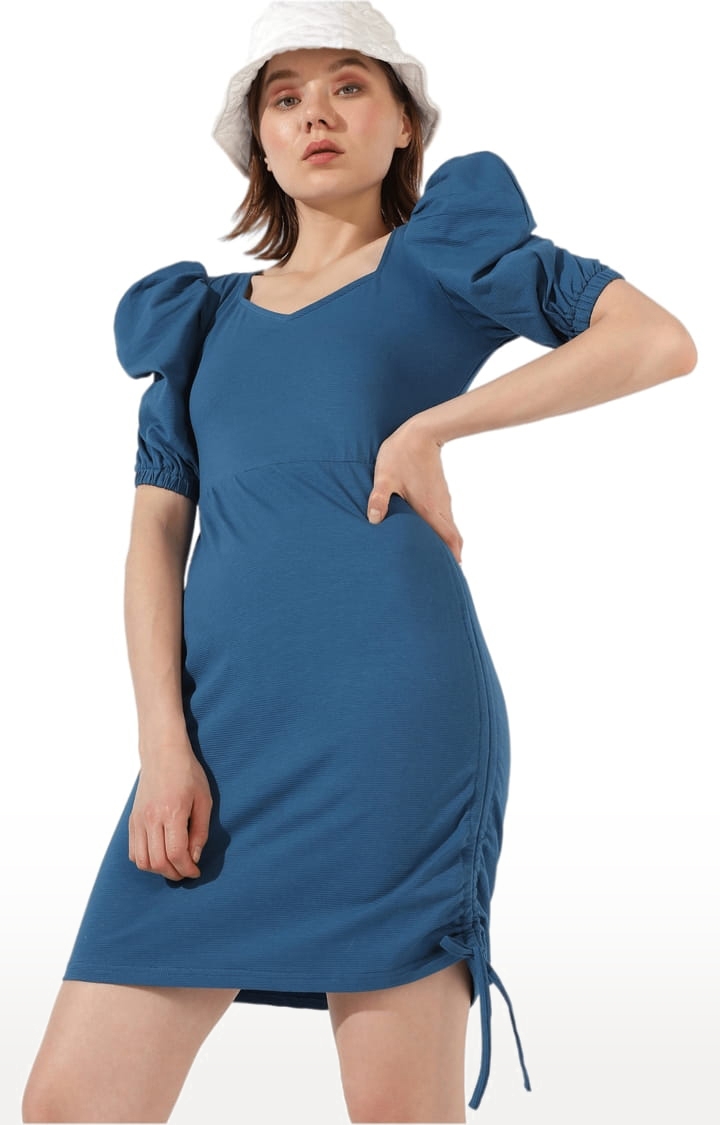 Women's Blue Crepe Solid Bodycon Dress