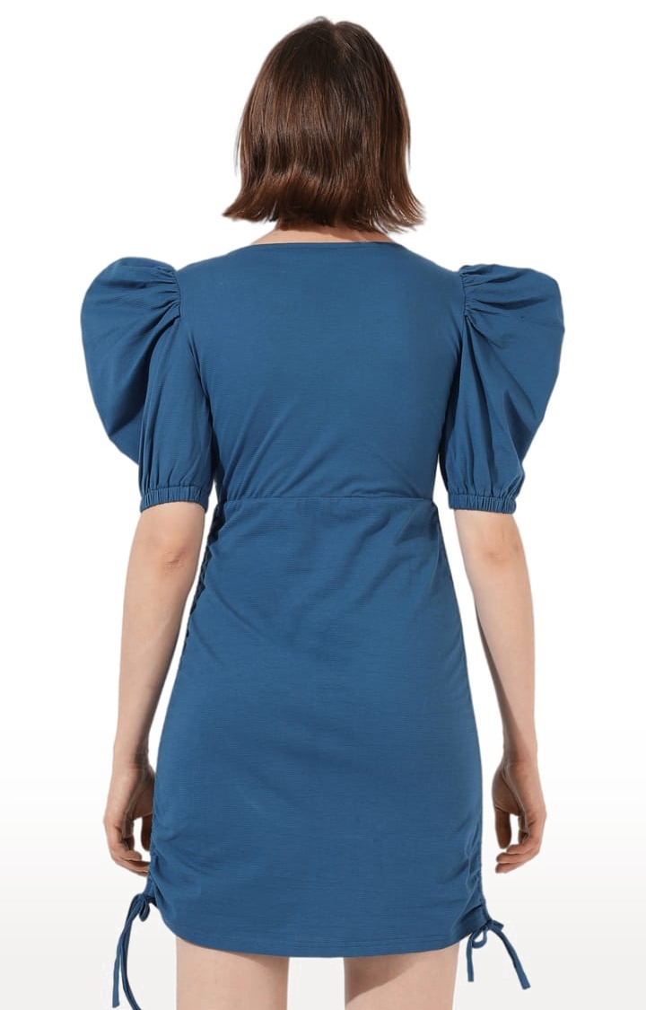 Women's Blue Crepe Solid Bodycon Dress