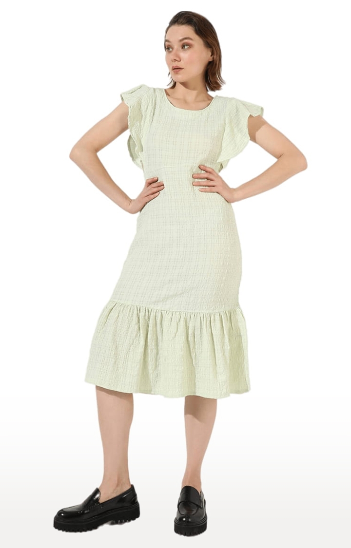 Women's Green Crepe Solid Tiered Dress