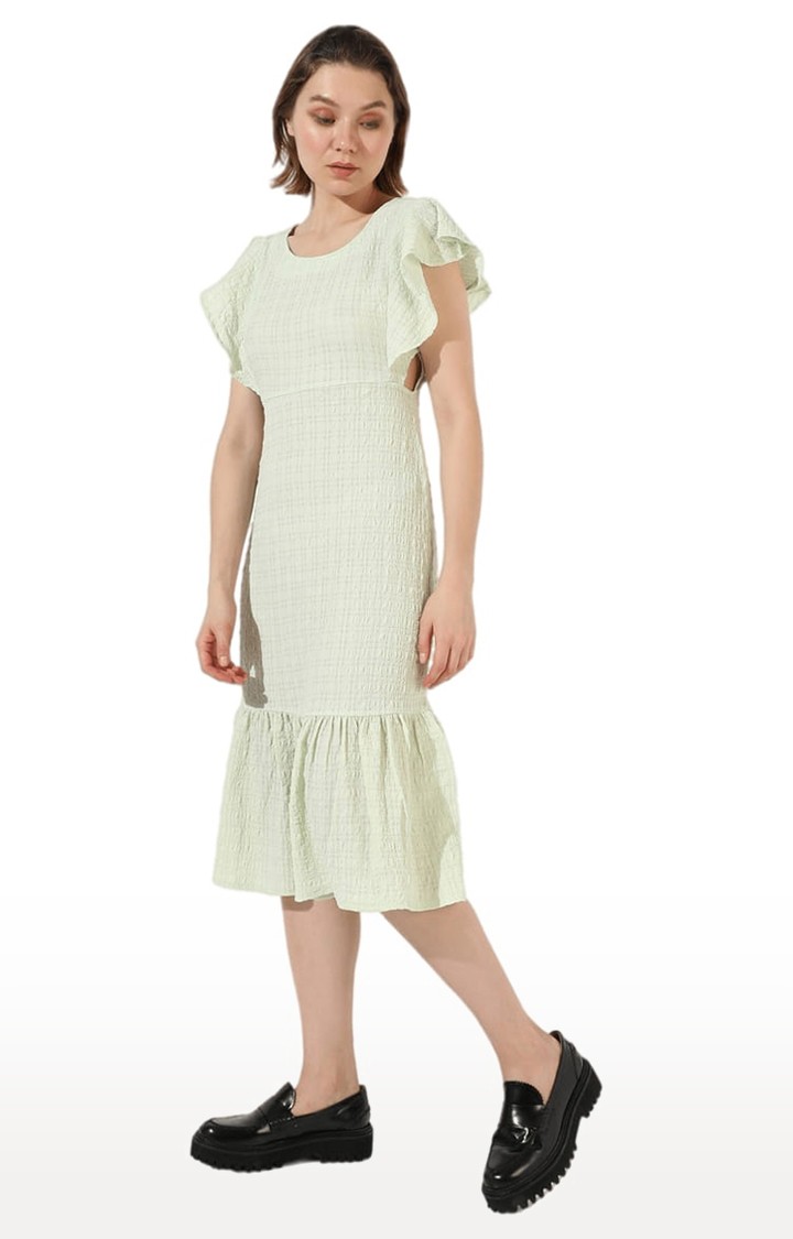 Women's Green Crepe Solid Tiered Dress