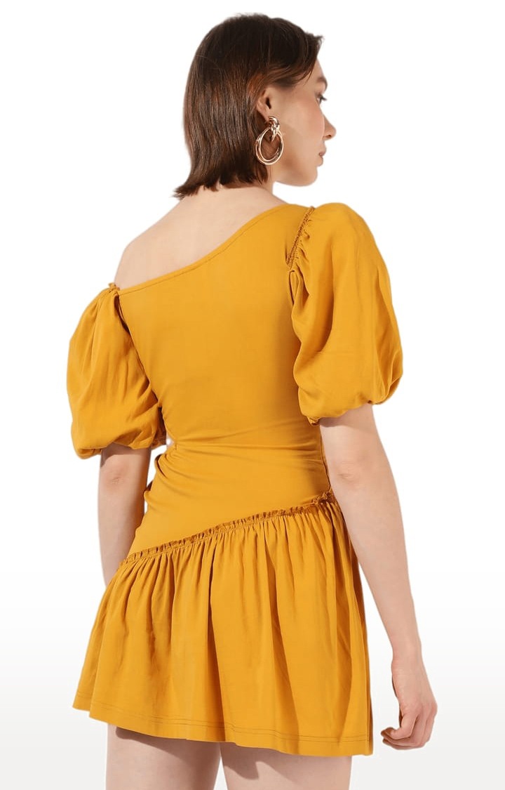 Women's Yellow Solid Tiered Dress
