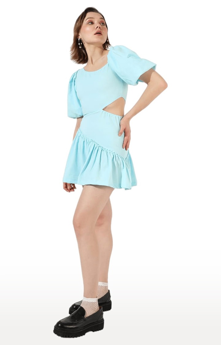 Women's Light Blue Pure Cotton Solid Tiered Dress