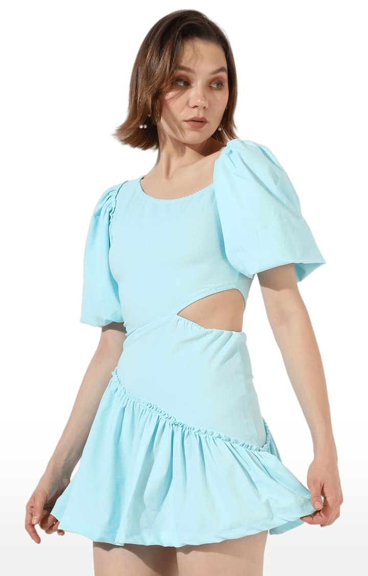 CAMPUS SUTRA | Women's Light Blue Pure Cotton Solid Tiered Dress