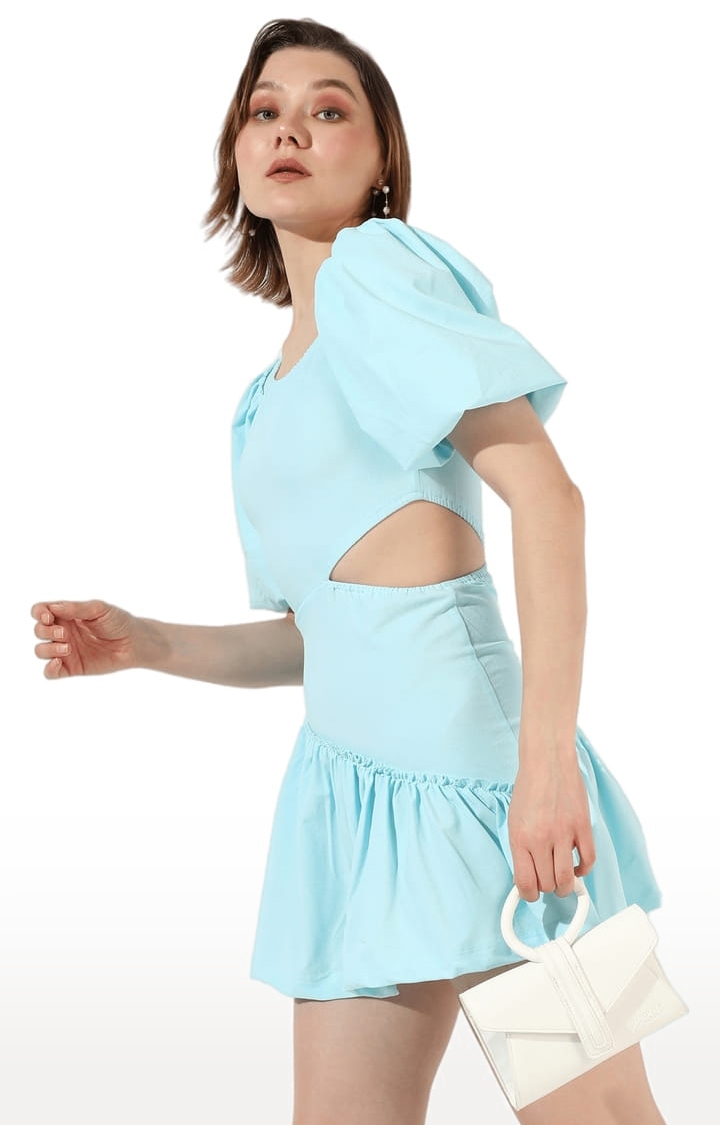 Women's Light Blue Pure Cotton Solid Tiered Dress
