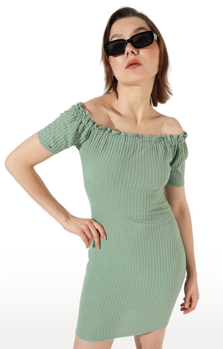 Women's Green Polyester Solid Bodycon Dress