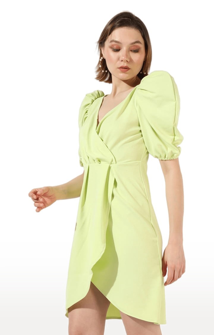 Women's Green Crepe Solid Asymmetric Dress