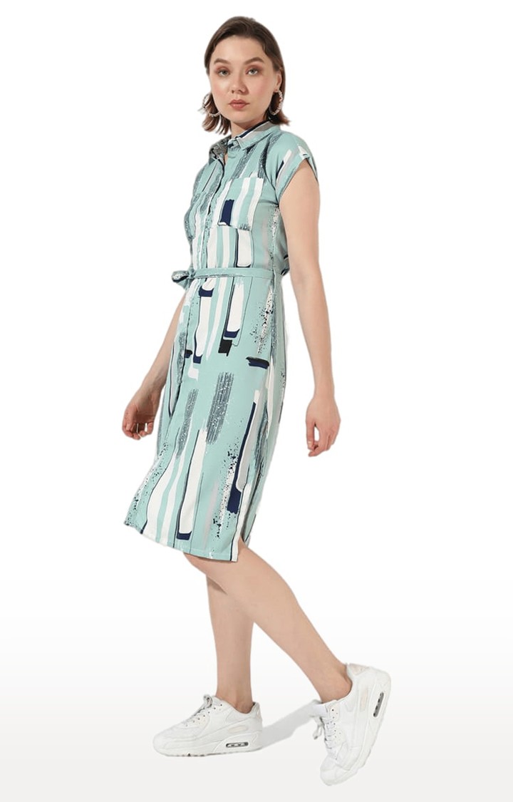 Women s Green Polyester Printed Shirt Dress