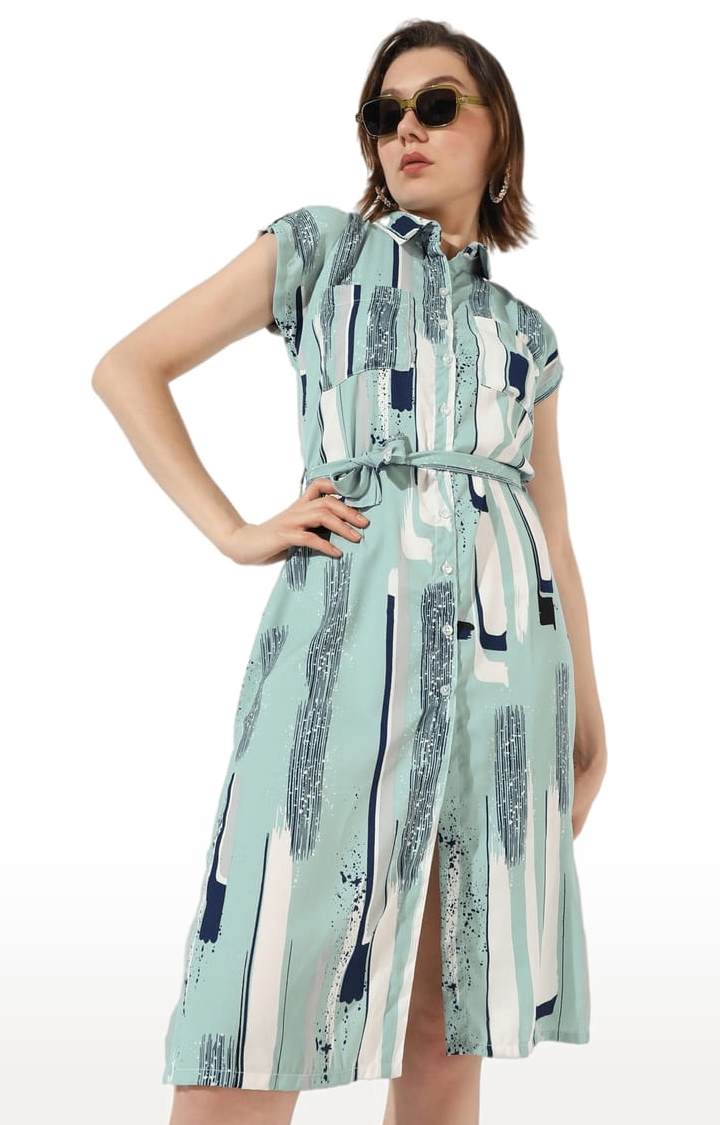 CAMPUS SUTRA | Women's Green Polyester Printed Shirt Dress
