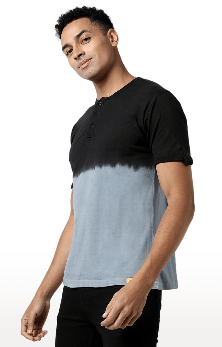Men's Grey and Black Cotton Colourblock Regular T-Shirt