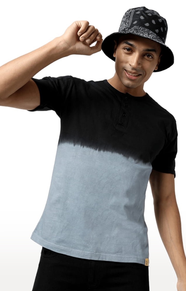 Men's Grey and Black Cotton Colourblock Regular T-Shirt