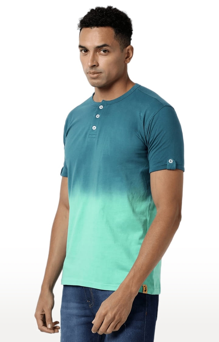 Men's Green and Blue Cotton Colourblock Regular T-Shirt