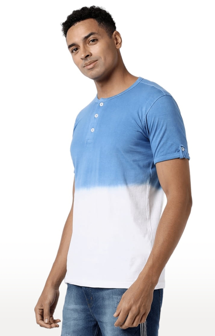 Men's Blue and White Cotton Colourblock Regular T-Shirt