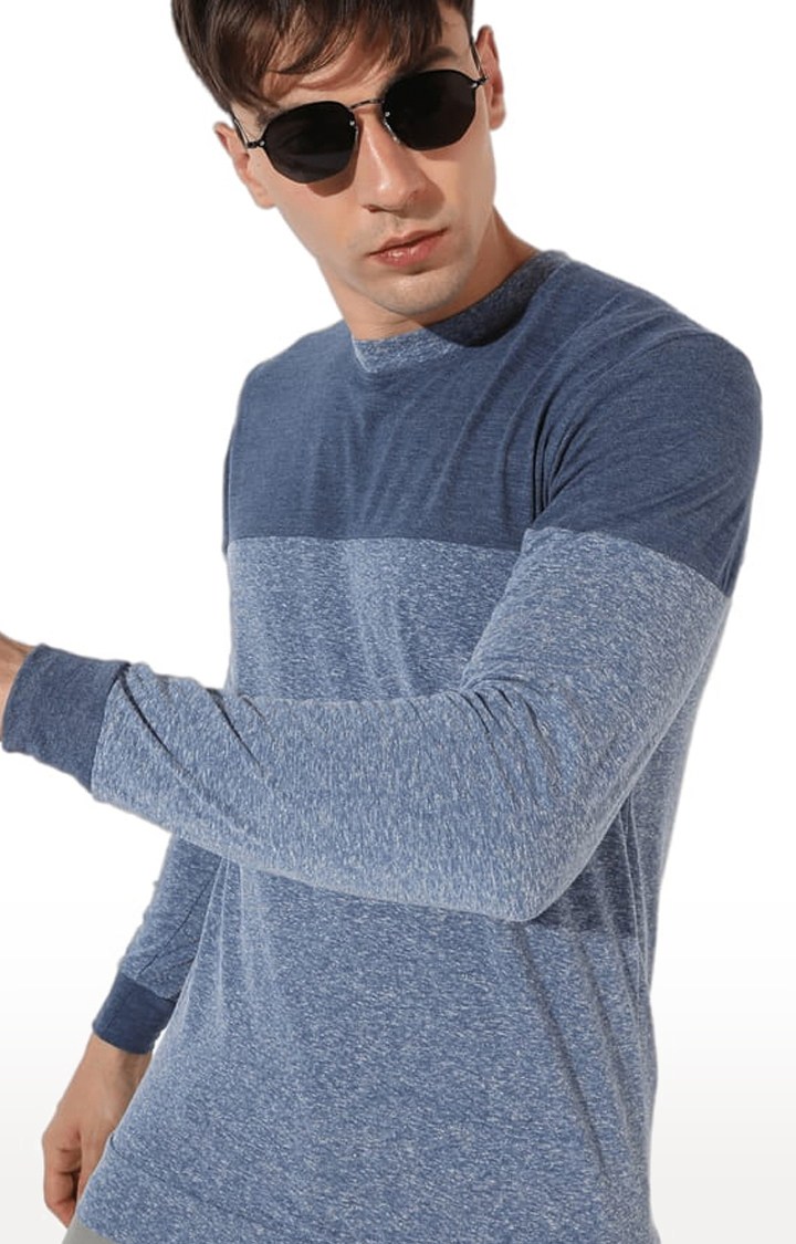 Men's Blue Cotton Colourblock Regular T-Shirt