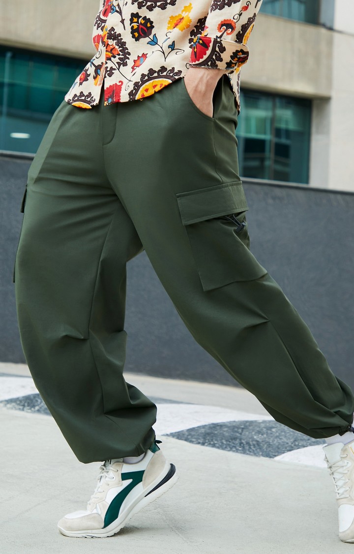 Men's Forest Green Solid Polyester Cargos