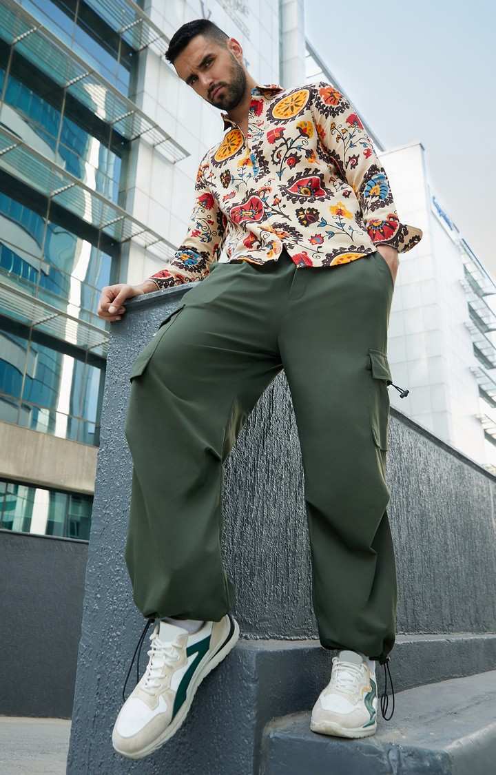 Men's Forest Green Solid Polyester Cargos