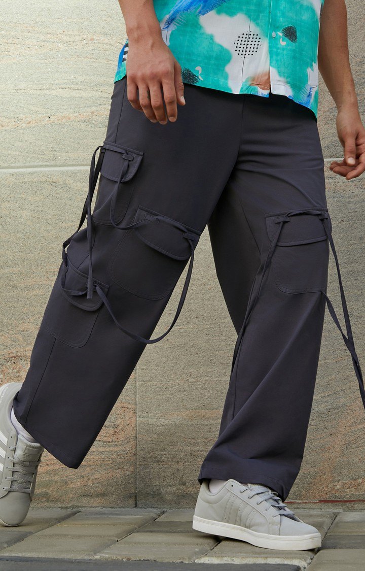 Men's Dark Grey Solid Polyester Cargos