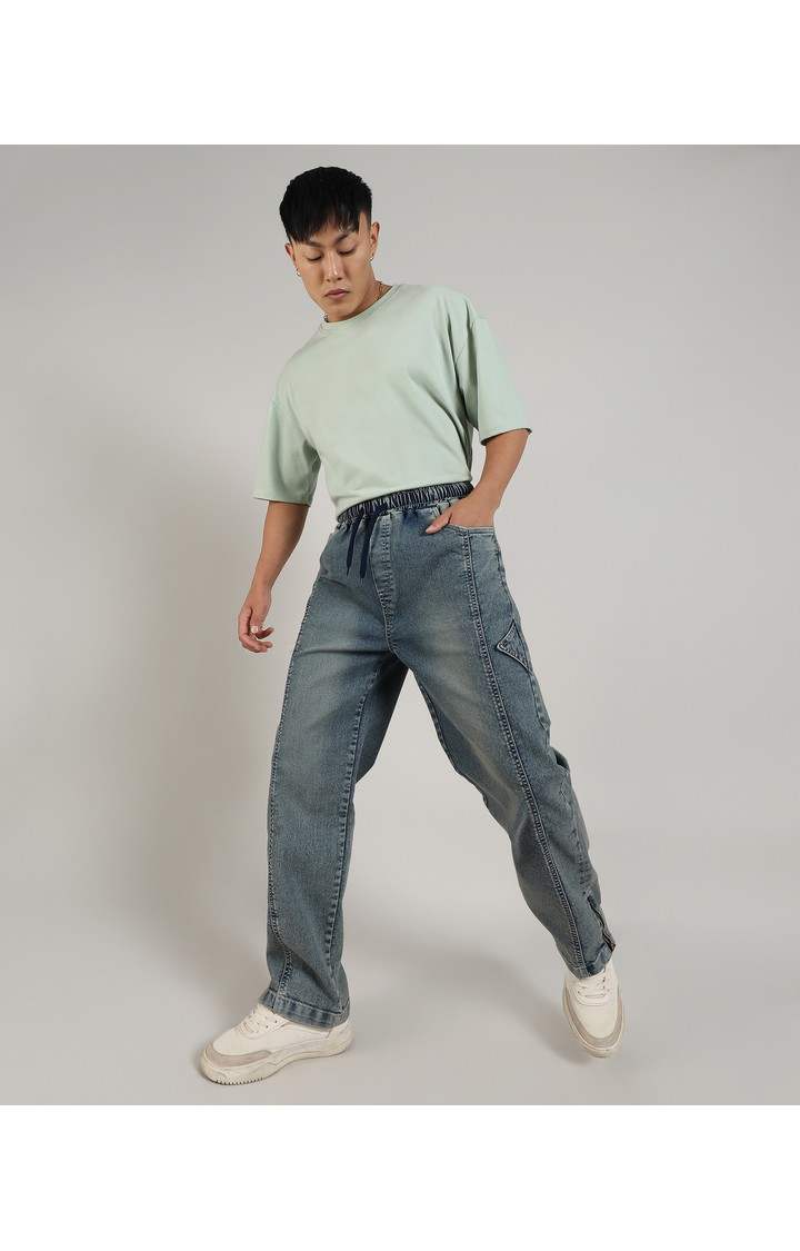 Men's Steel Blue Solid Denim Cargos
