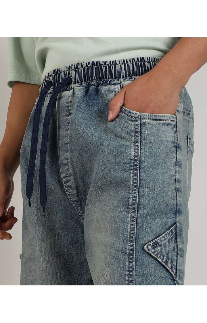 Men's Steel Blue Solid Denim Cargos