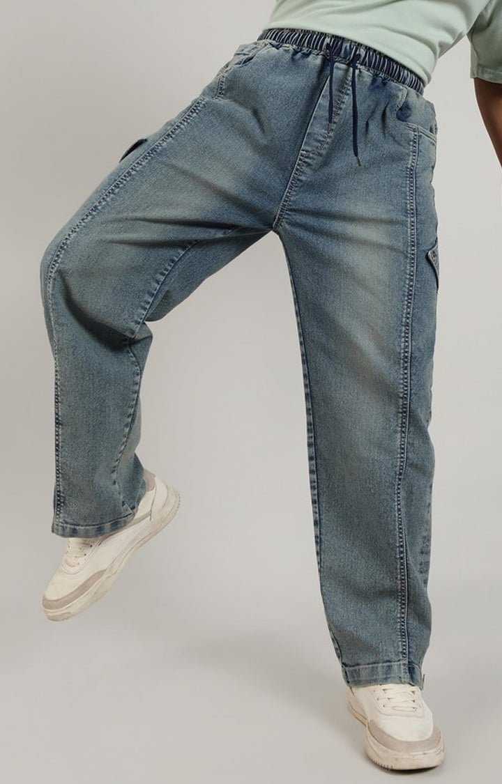 Men's Steel Blue Solid Denim Cargos