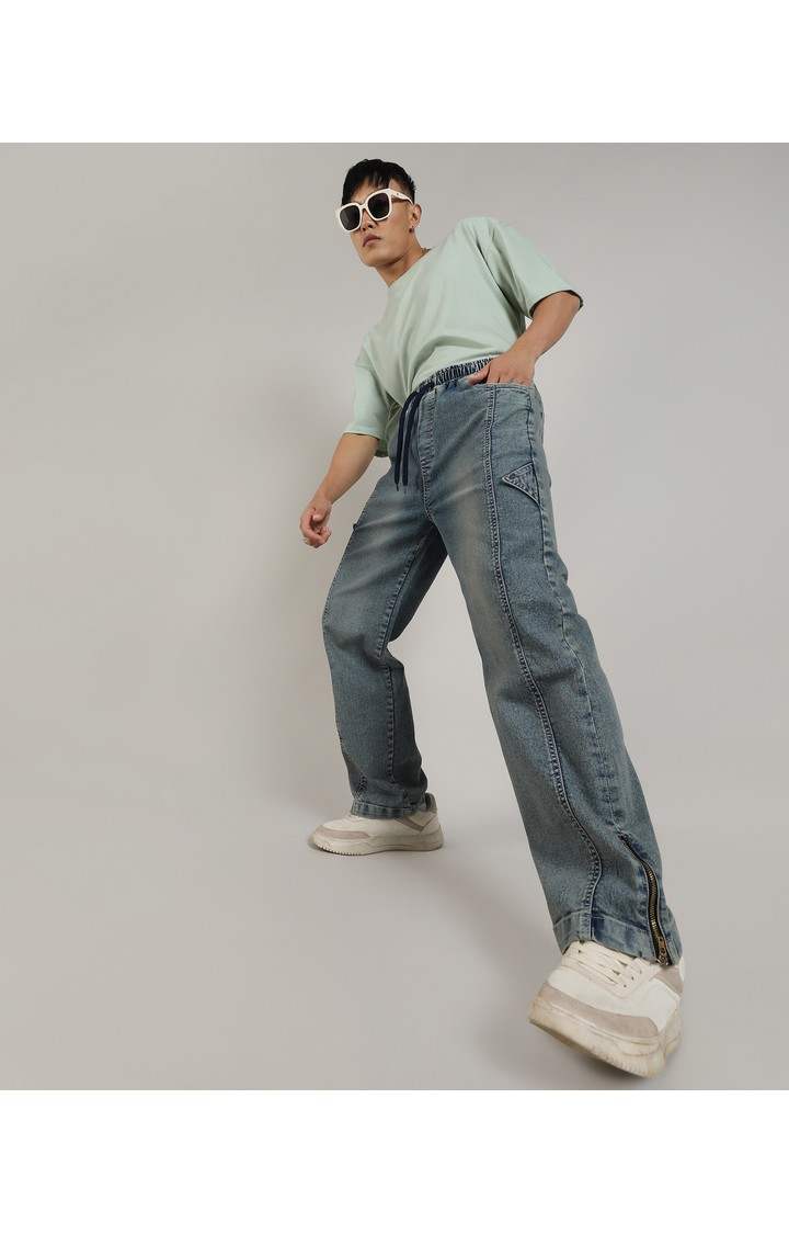 Men's Steel Blue Solid Denim Cargos