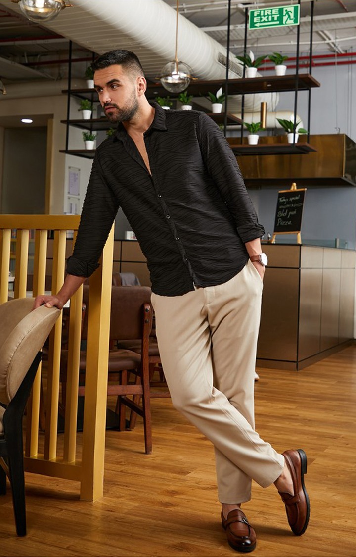 Men's Black Slub Casual Shirts