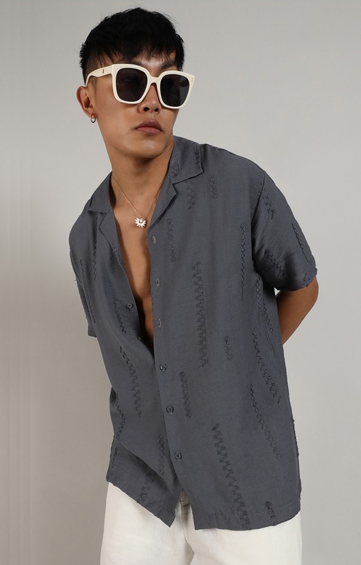 Men's Grey Embroidered Casual Shirts